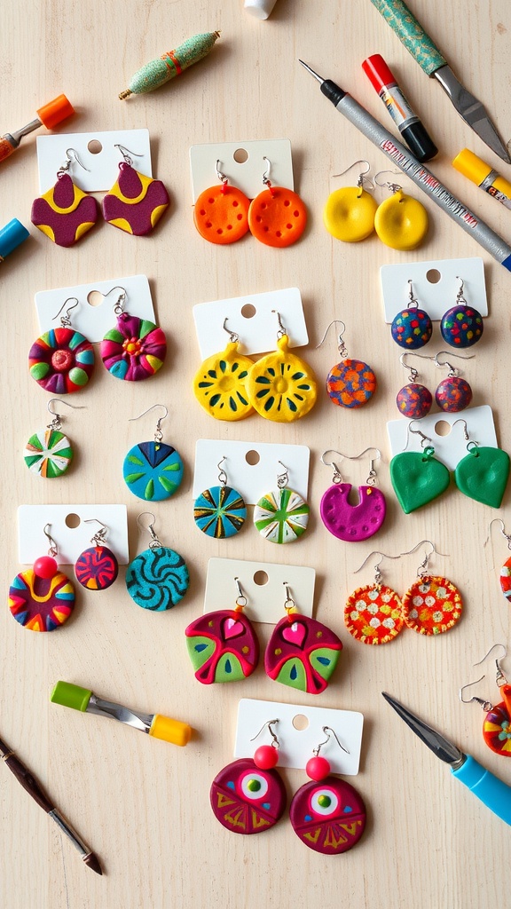 Colorful handmade dough earrings displayed on a wooden surface with crafting tools.